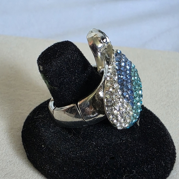 Statement Silver Ring Swan with Blue Green Rhinestones - Picture 4 of 9